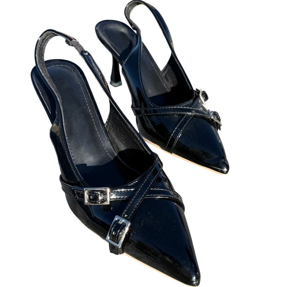 Black Patent Slingback Pumps Pointed Toe Double Buckle Heels EU 36 Goth